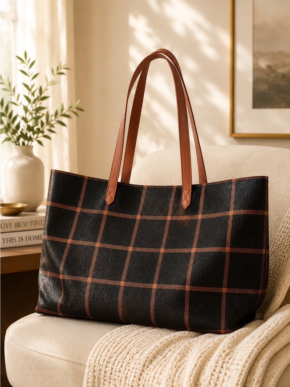 Retired Thirty One Modern Tote Plaid Windowpane Large Oversized Work Travel Bag